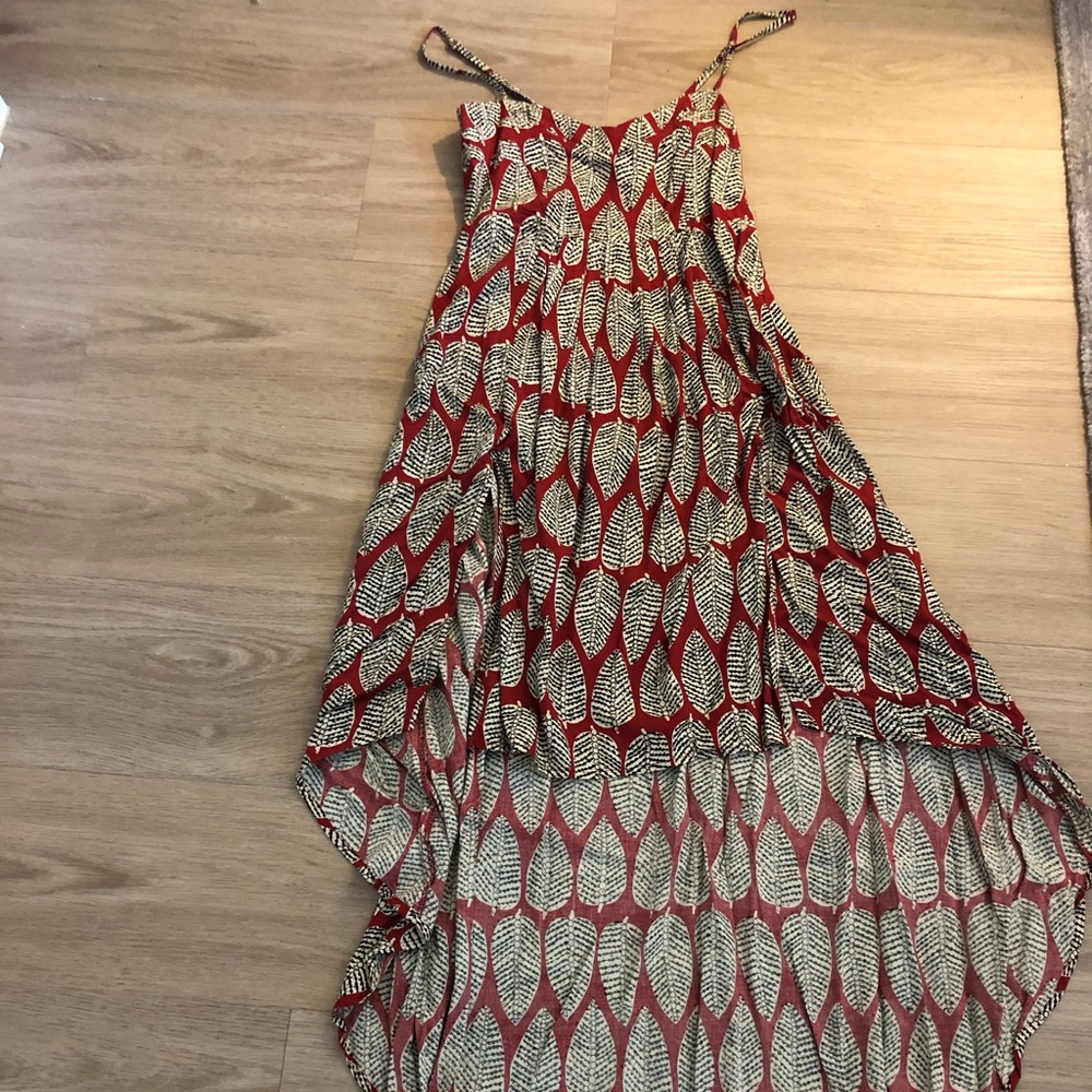 Red high-low dress with leg slits